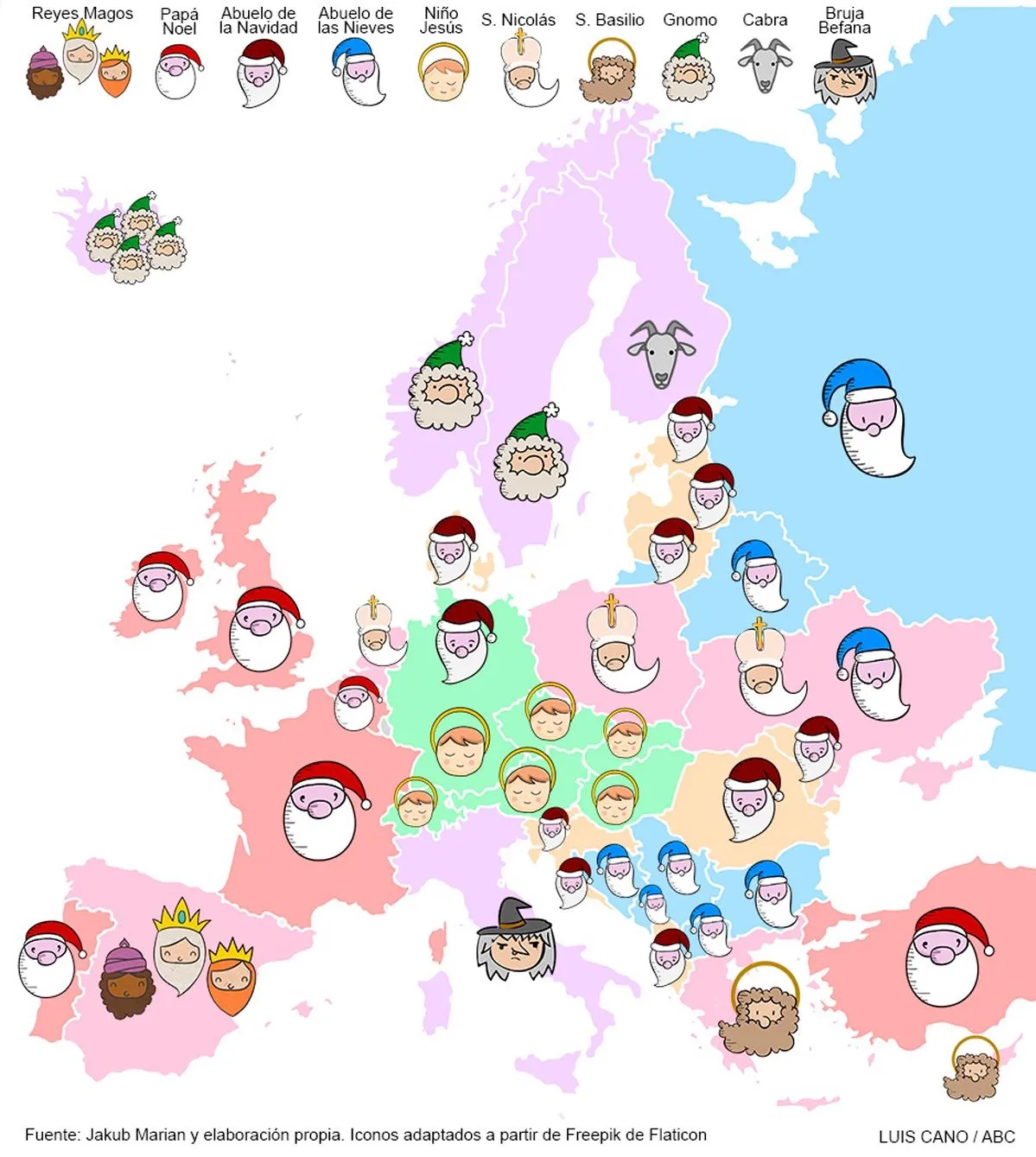 Mapa de Europa onde indica quen trae agasallos en cada país